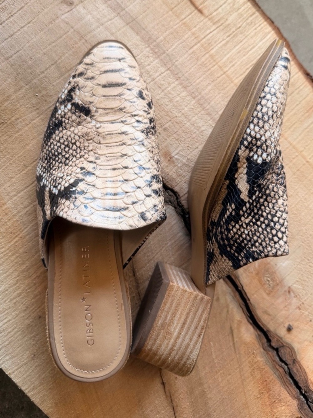 Gibson Latimer Beige and Black Snakeskin Slip-On Mules
